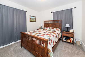Bedroom with light carpet