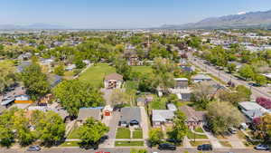 Aerial view of residential area featuring mountains