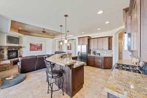 Kitchen with arched walkways, appliances with stainless steel finishes, a fireplace, a kitchen bar, and open floor plan