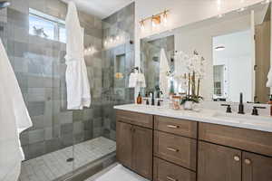 Bathroom with a shower stall and double vanity