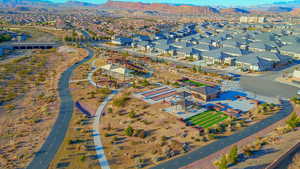 Aerial view of residential area with a mountainous background