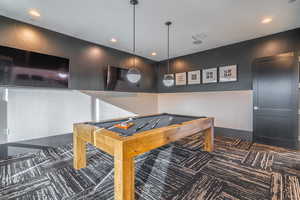 Rec room with carpet floors, pool table, and recessed lighting