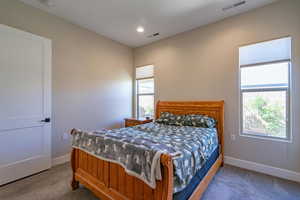 Bedroom featuring carpet floors, baseboards, multiple windows, and recessed lighting