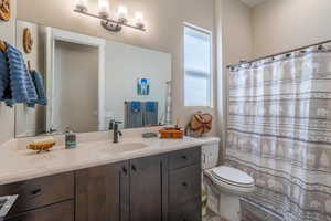 Full bath featuring vanity, toilet, and curtained shower