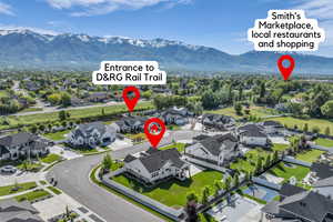 Aerial perspective of suburban area with mountains