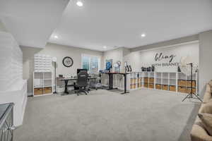 Home office with carpet flooring, recessed lighting, and baseboards