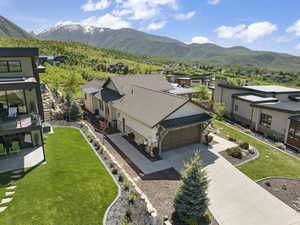 Aerial view of residential area with a mountain backdrop