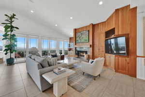 Living room with custom built in cabinetry
