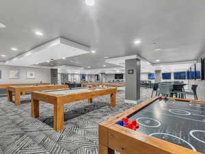 Rec room featuring billiards table, carpet floors, and recessed lighting