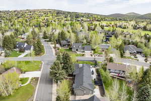 Aerial perspective of suburban area featuring a mountainous background