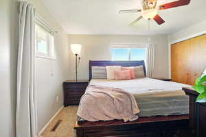 Back Unit's Bedroom featuring multiple windows, baseboards, carpet flooring, and a closet