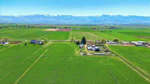 View of rural area with rows of crops and a mountainous background