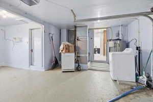 Basement with washer / clothes dryer, water heater, and heating unit