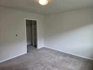 Unfurnished bedroom featuring carpet floors, baseboards, a closet, a spacious closet, and a textured ceiling