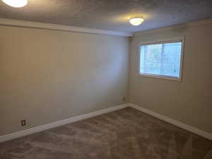 Empty room featuring a textured ceiling, crown molding, dark colored carpet, and baseboards