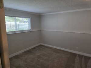 Spare room featuring a textured ceiling, carpet, crown molding, and baseboards