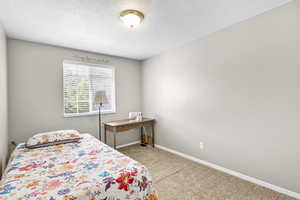 Carpeted bedroom with baseboards and a textured ceiling