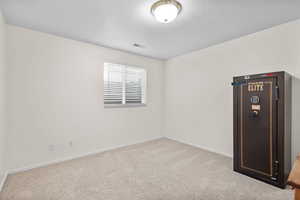Empty room with carpet flooring, baseboards, and a textured ceiling