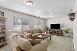 Carpeted living room with a textured ceiling and baseboards