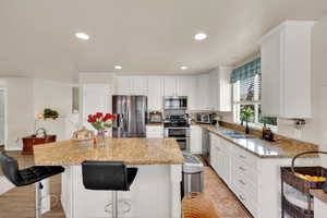 Kitchen with stainless steel appliances, a sink, a center island, recessed lighting, and white cabinets