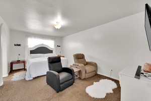 Bedroom with carpet, baseboards, and arched walkways