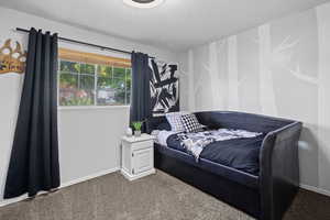 Bedroom with carpet flooring, a textured ceiling, and baseboards