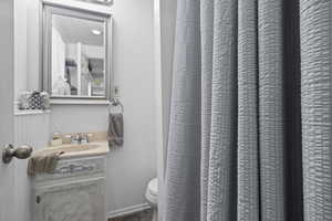 Full bathroom with toilet and vanity