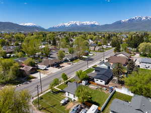 Aerial view of residential area with a mountain backdrop