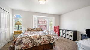 Owner suite with carpet floors, closet, natural light from large bay window.