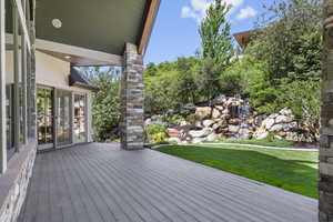 Patio, water feature and lawn