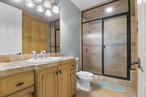Bathroom featuring a shower stall, vanity, and toilet