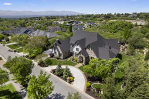 Aerial perspective of suburban area with a mountain backdrop