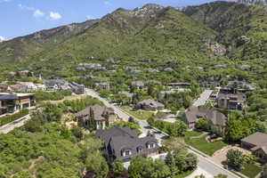 Aerial perspective of suburban area with a mountain backdrop