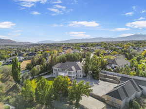 Aerial perspective of suburban area with mountains
