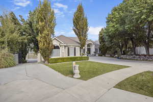 View of front of property featuring a gate, concrete driveway, and stucco siding