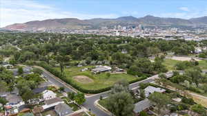 Drone / aerial view of a mountainous background