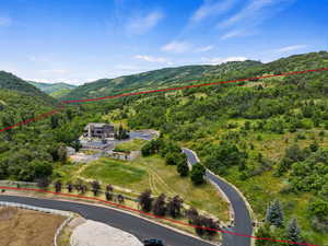 Aerial overview of property's location with a heavily wooded area, property parcel outlined, and a mountain backdrop