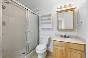 Basement bathroom with a shower, toilet, single-sink vanity and LVP flooring