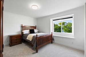 Carpeted bedroom featuring crown molding, a closet, and built-in desk