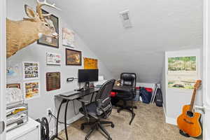 ADU Carpeted home office featuring a vaulted ceiling and two-tone paint