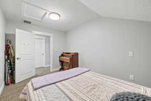 ADU Carpeted bonus room featuring vaulted ceiling and two-tone paint