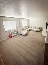 Carpeted living area with a textured ceiling and baseboards
