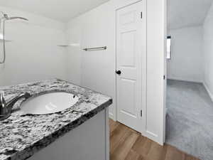 Bathroom with wood finished floors, baseboards, and vanity