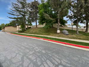 View of road with sidewalks, curbs, and street lights