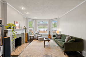 Living room featuring a fireplace, crown molding, plenty of natural light, and hardwood floors