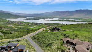 Aerial view of a water and mountain view