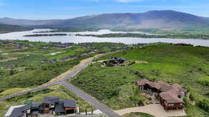 Aerial view of a water and mountain view