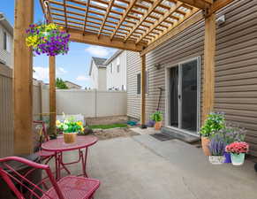 Spacious patio featuring a fenced backyard and a pergola