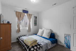 Bedroom featuring large window and carpet