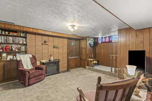 Sitting room featuring wood walls, carpet floors, and a textured ceiling